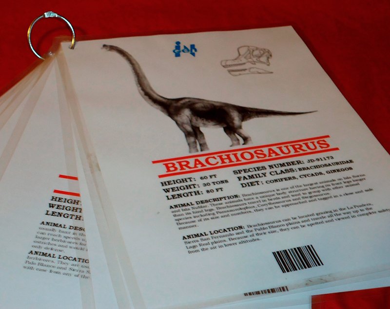 Fichas técnicas dos dinossauros criados em laboratório.